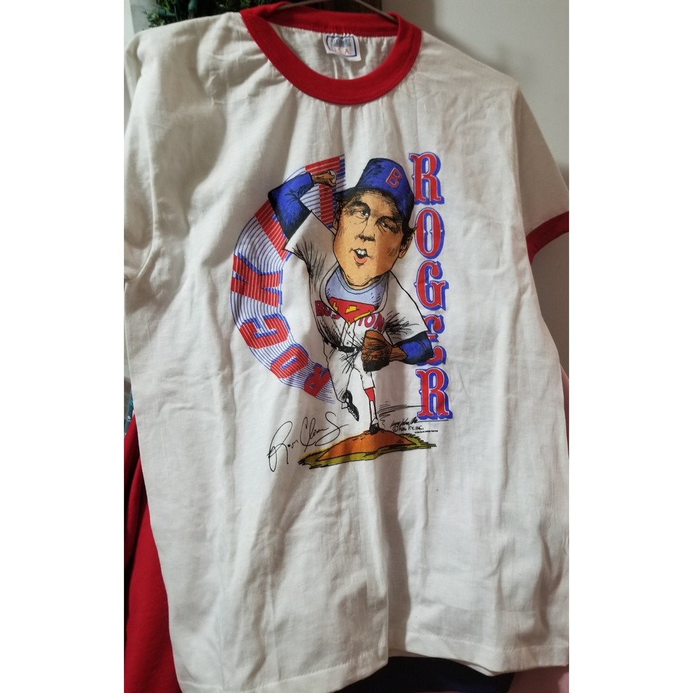Roger Clemens Ringer Shirt - 42 To 44 - Cartoon Boston Red Sox 80's USA 1986